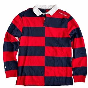 Converse Rugby Shirt Mens Small Red Navy Striped Long Sleeve Polo Cotton